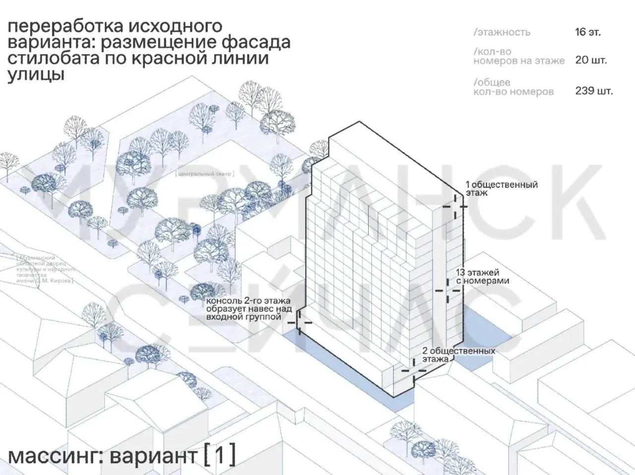 На месте четырёхэтажной гостиницы в центральной части Мурманска планируют возвести 17‑этажный четырёхзвёздочный отель. Рассматривают четыре проекта, а потенциальные вложения оценивают в примерно 5 миллиардов рублей. Решение ждёт одобрения архитектурного совета.