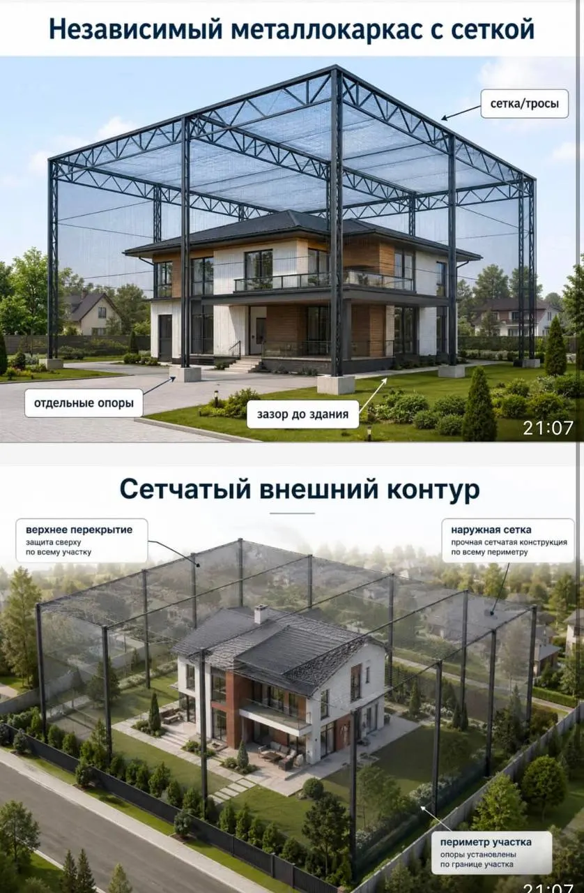 Застройщики предлагают металлические каркасы с сеткой вокруг частных домов, а страховые компании вводят отдельное покрытие от падения беспилотников — полисы дорожают примерно на 10–15%.